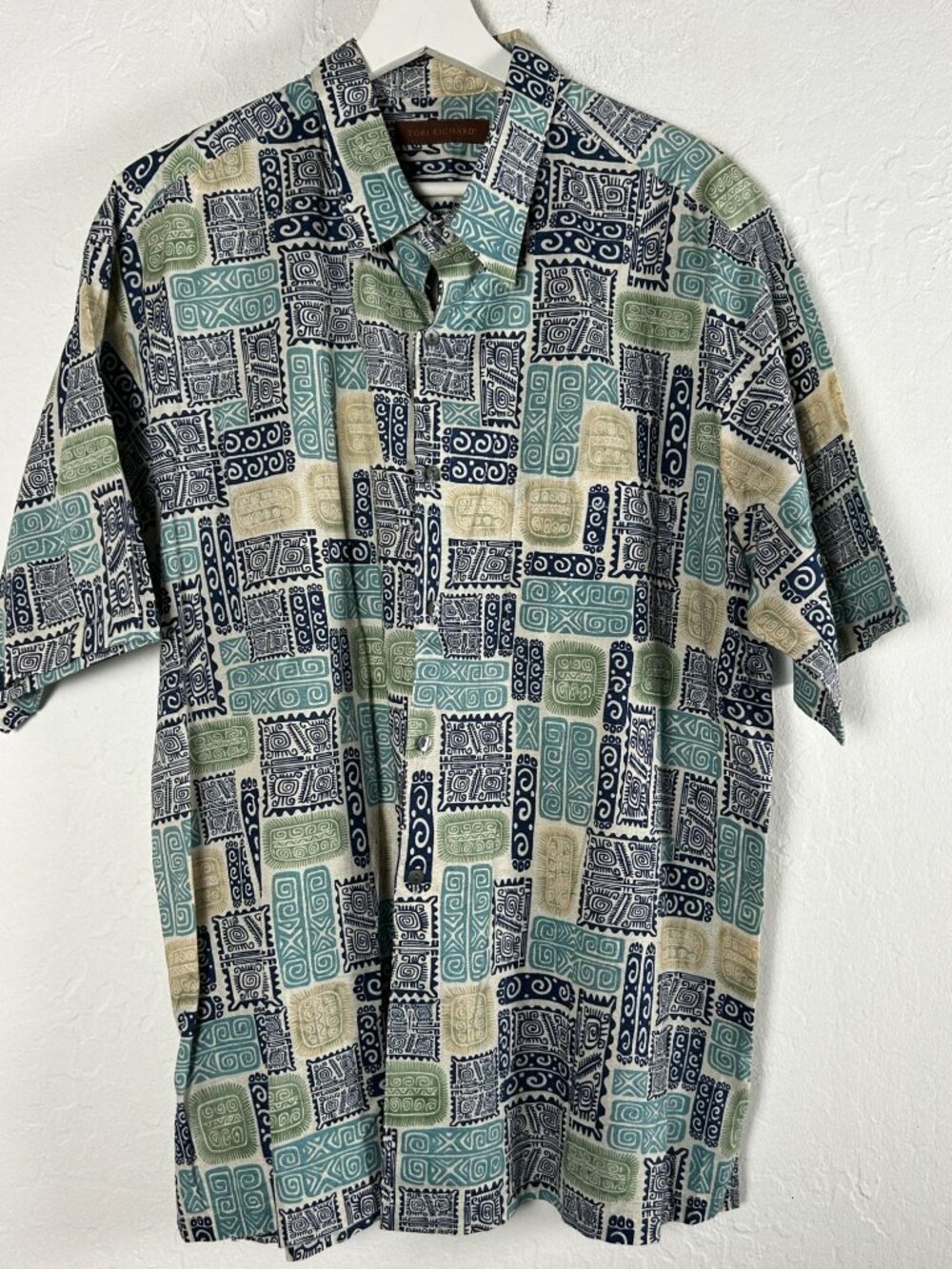 Tori Richard Mens Hawaiian Shirt XL Blue Green Geometric Cotton Lawn Button-Up